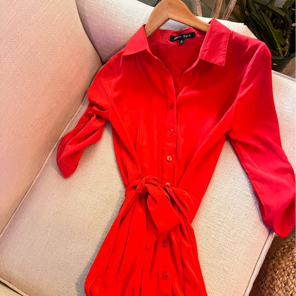 Sweet Rain Vibrant Red Orange Long Sleeve Dress